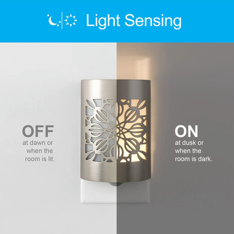CoverLite LED Night Light With Floral Brushed Nickel Finish, Plug In Smart Dusk To Dawn Sensor, showing light sensing on and off