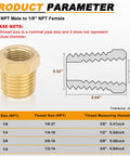 Brass pipe fitting reducer, 1/4 in NPT male to 1/8 in NPT female, hex bushing, 4-pack