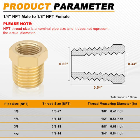 Brass pipe fitting reducer, 1/4 in NPT male to 1/8 in NPT female, hex bushing, 4-pack