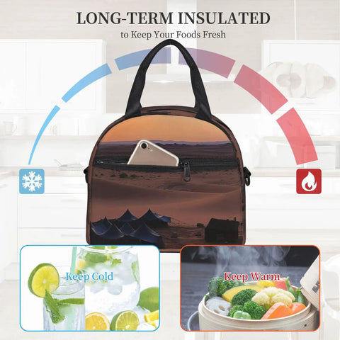 Insulated Lunch Tote For Women And Men With Leakproof Zippers featuring desert design, ice symbol, and steam for cooling and warming effects