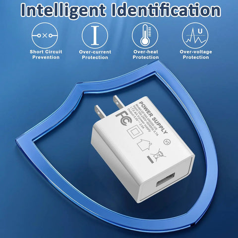 UL Listed 5V 2A USB Wall Charger 2 Pack Fast Charging Plug For iPhone And Apple Watch Travel Ready Go To Compact Block Cube Works Worldwide 100-240V Great For Home Office Or On The Go. White USB wall charger with safety shield graphic