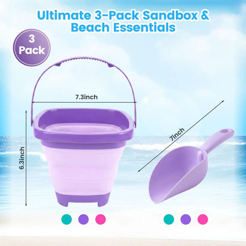 3 Piece Collapsible Beach Bucket Set With Shovels Foldable Sand Toys For Kids Travel Beach Gear Outdoor Summer Fun Camping And Vacation Essentials Purple Pink And Blue shown with dimensions.