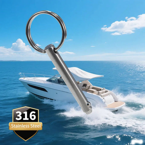 Ten Pack Quick Release Pins In Marine Grade 316 Stainless Steel With Spring Loaded Detent Ball Tip for Boats shown with yacht