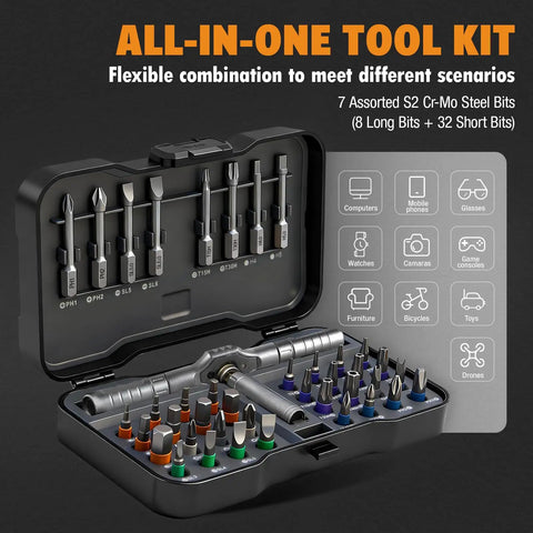 42 In 1 Magnetic Ratchet Screwdriver Set With Detachable Handle, 8 Long And 32 Short Precision Bits in open gray case