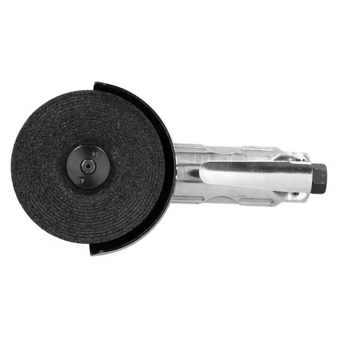 Tough As Nails 4 Inch Pneumatic Air Angle Grinder Cranking Out 11000 Rpm with a black grinding disc on top view.