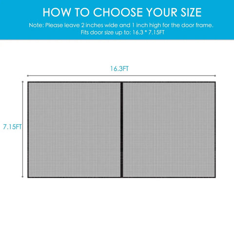 Magnetic Garage Door Screen For 16x7 Double Car Doors Hands Free Walk Through Mesh Curtain sizing guide diagram.