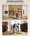 Foldable and adjustable electronic drum set with Bluetooth and Melodics lessons, showing dimensions and room placement.