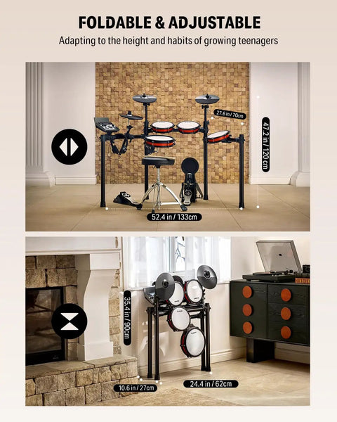 Foldable and adjustable electronic drum set with Bluetooth and Melodics lessons, showing dimensions and room placement.
