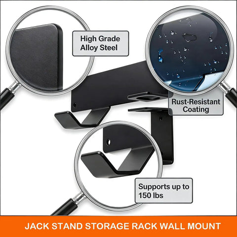 Heavy Duty Wall Mount Jack Stand Rack For Hydraulic Jacks with steel construction and rust-resistant coating, supports 150 lbs