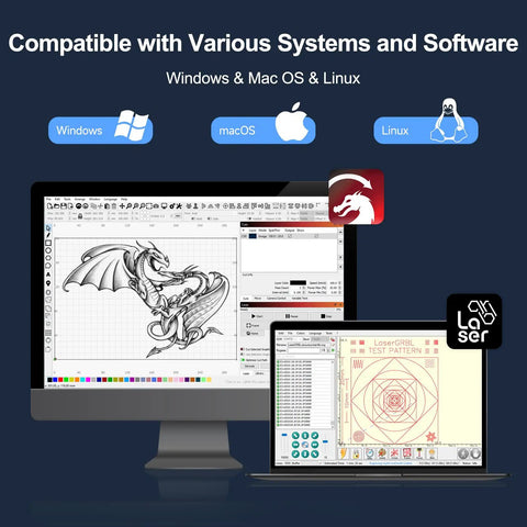 Computer screen and laptop showing Laser Master 2 Pro S2 10W Desktop Laser Engraver software compatible with Windows, Mac OS, Linux.