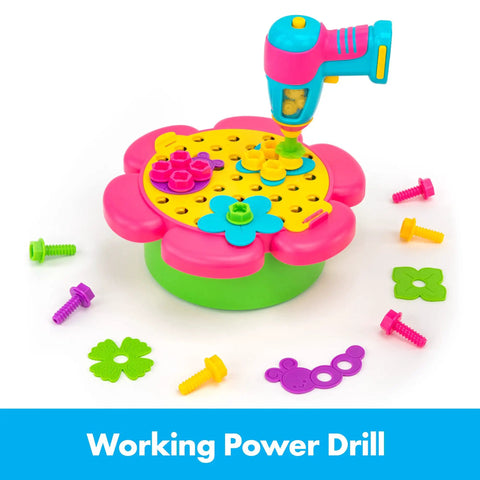 Toddler Design and Drill Flower Power Studio Kit for Hands On STEM Fun with Electric Drill Toy, flower board with bolts