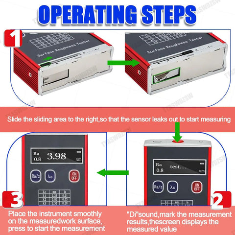 Pro Grade Digital Surface Roughness Tester With 0.01μm Accuracy, Portable Handheld Gauge For Ra Rq Rz Rt, Four Parameter Surface Finish Meter, Includes Calibration Block And Bracket. Operating steps view