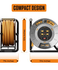 Heavy Duty 100 Foot Metal Cord Reel On The Job With Retractable Extension Lead, 4 Grounded Outlets, Compact Design