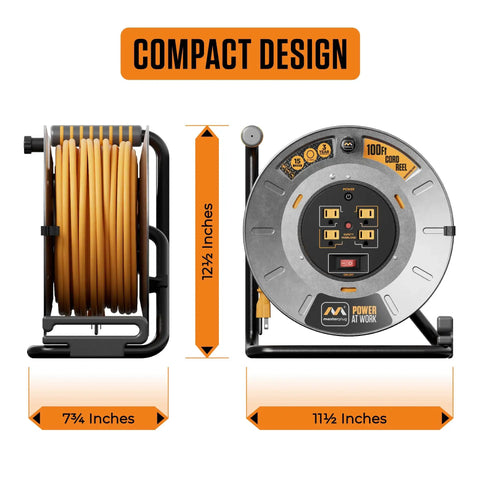 Heavy Duty 100 Foot Metal Cord Reel On The Job With Retractable Extension Lead, 4 Grounded Outlets, Compact Design