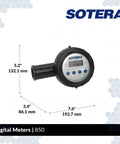 850 One Inch Digital Chemical Transfer Meter With Air Sensor, showing dimensions and LCD display, for 2 to 20 GPM flow.