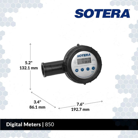 850 One Inch Digital Chemical Transfer Meter With Air Sensor, showing dimensions and LCD display, for 2 to 20 GPM flow.