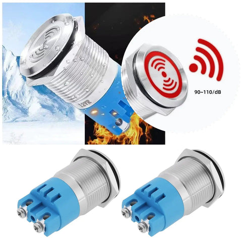 Twin Pack 12V IP65 Waterproof LED Flash Buzzer Indicator Light 19mm For Electrical Control Panels DIY Projects Ships Machinery Switch Cabinets With Intermittent Alarm And High Decibel 90 To 110dB front and side view