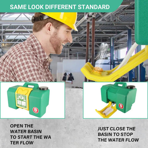 Side view of Move It Anywhere 8 Gallon Eye Wash Station With Dual Spray, OSHA Approved, showing green portable unit in industrial setting.