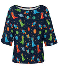 Space Dragon Galaxy Print Tee With Boat Neck And Loose Fit Short Sleeve featuring cartoon dinosaurs, rockets, planets, and stars in vibrant colors.
