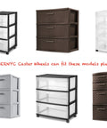 NUMBERNYC caster wheels collage for Sterilite 3-drawer and 4-drawer carts; white, gray, and brown wicker models.