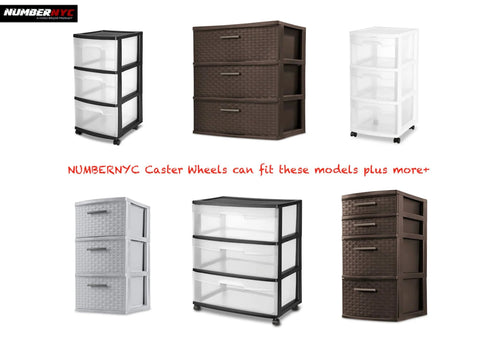 NUMBERNYC caster wheels collage for Sterilite 3-drawer and 4-drawer carts; white, gray, and brown wicker models.