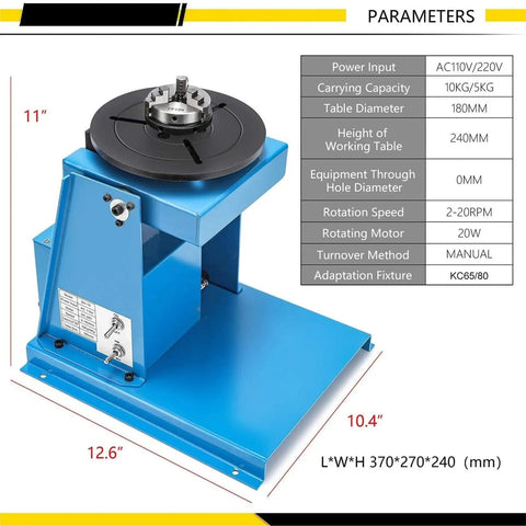Rock Solid Kickass Welding Rotary Positioner With 180Mm Turntable And 65Mm Chuck Designed For Mig Tig Pipe Seam Fabrication At 0 To 90 Degree Angles Includes Foot Switch with adjustable specs.