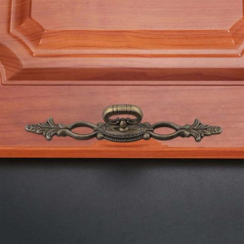 Two Pack European Retro Drawer Pulls Handles Bronze Alloy With Antique Bronze Finish on wood cabinet door