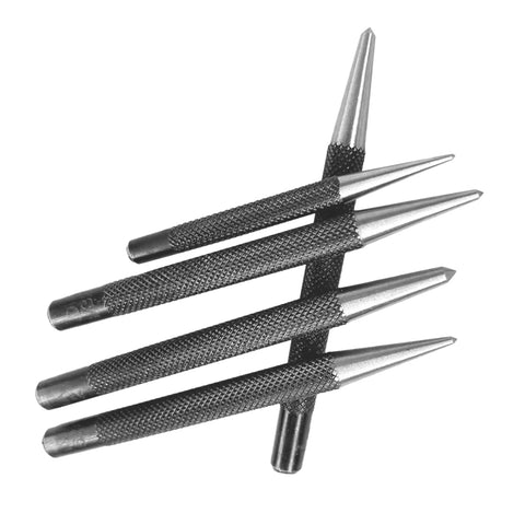 Ready For Some Badass DIY 5 Piece Center Punch Set Hardened Steel Knurled Grip Kit Tapered Points arranged in a star pattern.