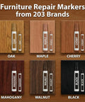 12 Piece Wood Repair Kit With Markers And Wax Crayons for oak, maple, cherry, mahogany, walnut, black finishes displayed on wood samples