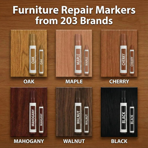 12 Piece Wood Repair Kit With Markers And Wax Crayons for oak, maple, cherry, mahogany, walnut, black finishes displayed on wood samples