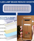 Rechargeable LED Desk Lamp With Pen And Phone Holder showing 30 LED beads and no flicker light effect on reflective surface.