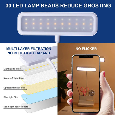 Rechargeable LED Desk Lamp With Pen And Phone Holder showing 30 LED beads and no flicker light effect on reflective surface.