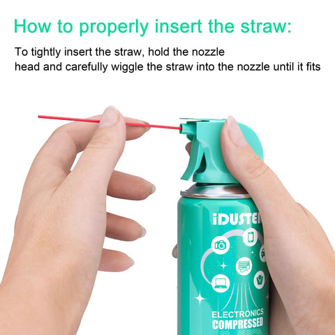 Hands inserting straw into nozzle of Powerful Canned Air Duster For Computers And Electronics 10 Oz Keyboard Cleaner Air Spray