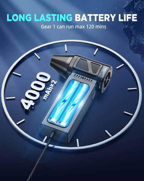 Electric Compressed Air Duster With Brushless Motor 360000 RPM Turbo Cordless Blower showing long battery life indicator