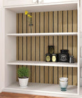 3D Brown Wood Wall Panels Peel And Stick Acoustic Slat Paneling for Bedroom Living Room Office in shelf backdrop 197 x 11.8 in