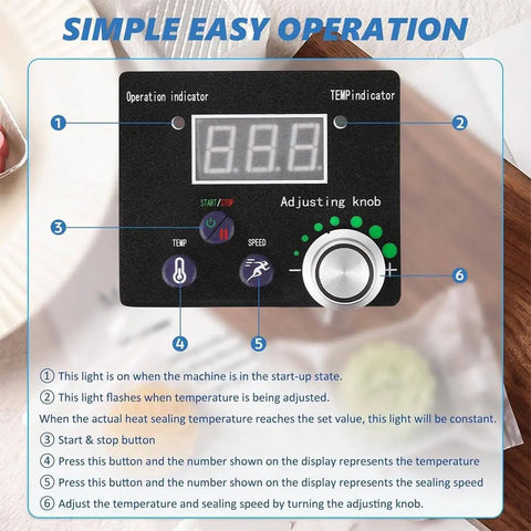 Premium Automatic Plastic Bag Heat Sealer Machine With Continuous Band Technology For Fast Food Packaging And Home Made Goods At High Speed control panel with temperature and speed indicators.