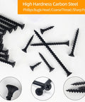 Your New Go To Weekend Warrior Screw Assortment Kit With 170 Phillips Flat Head Black Wood Screws Multi Size displayed on a white background.