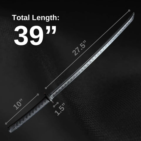 39 Inch Polypropylene Martial Arts Training Sword With Black Saya Scabbard, blade dimensions overlaid, on black background