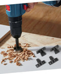 Hand holding a drill, creating wood shavings, next to Straight Fire Quality Push On Fittings 10 Piece Quick Snap Connectors.