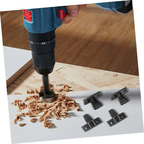Hand holding a drill, creating wood shavings, next to Straight Fire Quality Push On Fittings 10 Piece Quick Snap Connectors.