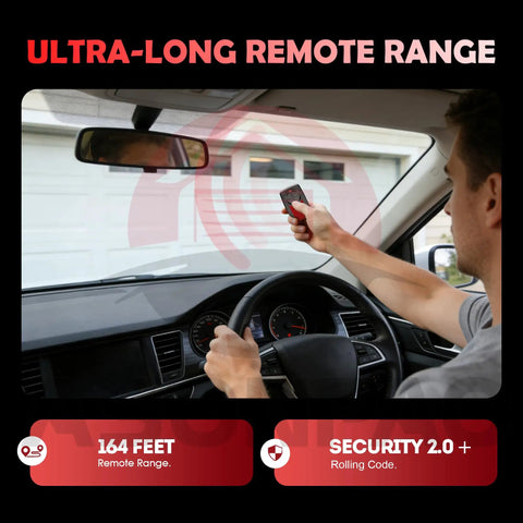 Person using 2 Pack Universal Garage Door Opener Remote With 5 Year Warranty Works With Most Major Openers Since 1993
