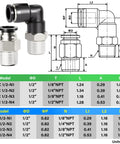 Diagram and specifications for Elbow and Straight Push To Connect Fittings One Half Inch Tube OD To One Quarter Inch NPT Thread Pneumatic Quick Connects Copper And Plastic Pack Of Four For Air Lines And Pneumatic Systems.