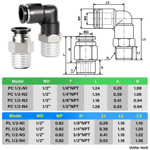 Diagram and specifications for Elbow and Straight Push To Connect Fittings One Half Inch Tube OD To One Quarter Inch NPT Thread Pneumatic Quick Connects Copper And Plastic Pack Of Four For Air Lines And Pneumatic Systems.