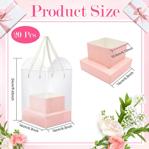 20 Pack Clear Pink Flower Bouquet Bags With Handles 9.45 Inch Floral Gift Bags dimensions and design display