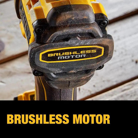 Close-up of 20V Max XR Brushless Cordless Drill And Driver Kit showcasing brushless motor detail on a wooden surface