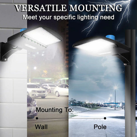 150W LED Parking Lot Light 21000 Lumens 5700K Daylight White, Dusk To Dawn Photocell mounted on wall and pole