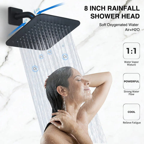 Dope Matte Black Tub Shower Faucet Set With 8 Inch Rain Shower Head in use, showcasing high pressure water flow