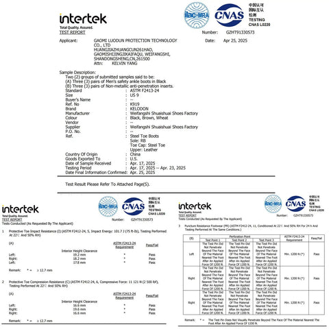 Intertek test report for steel toe boots certification and safety standards