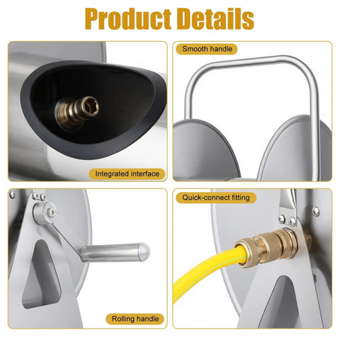Heavy Duty Wall Mounted Hose Reel With Dual Wheel Smooth Winding And Ergonomic Crank, integrated interface and rolling handle