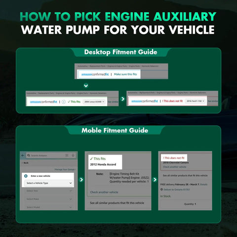 Step-by-step guide on how to pick engine auxiliary water pump for your vehicle, showing desktop and mobile fitment options.